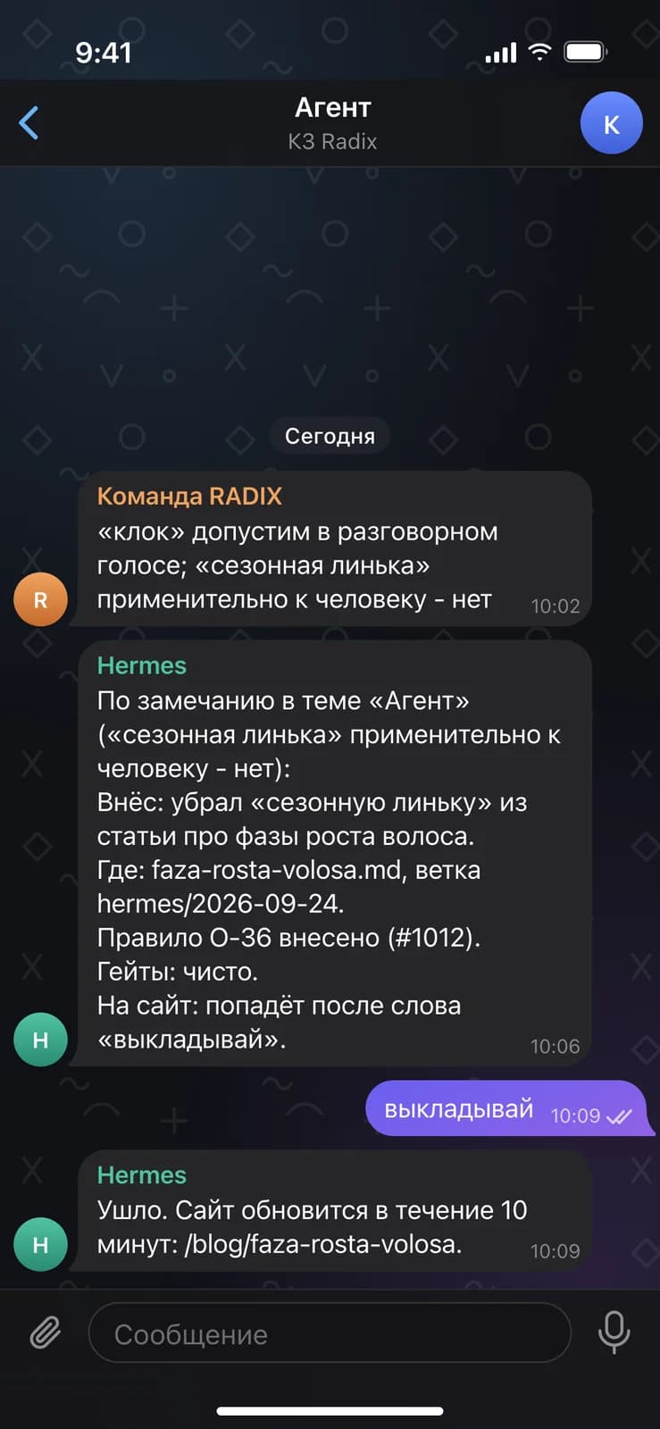 Агент Hermes в чате RADIX: правка статьи и выкладка