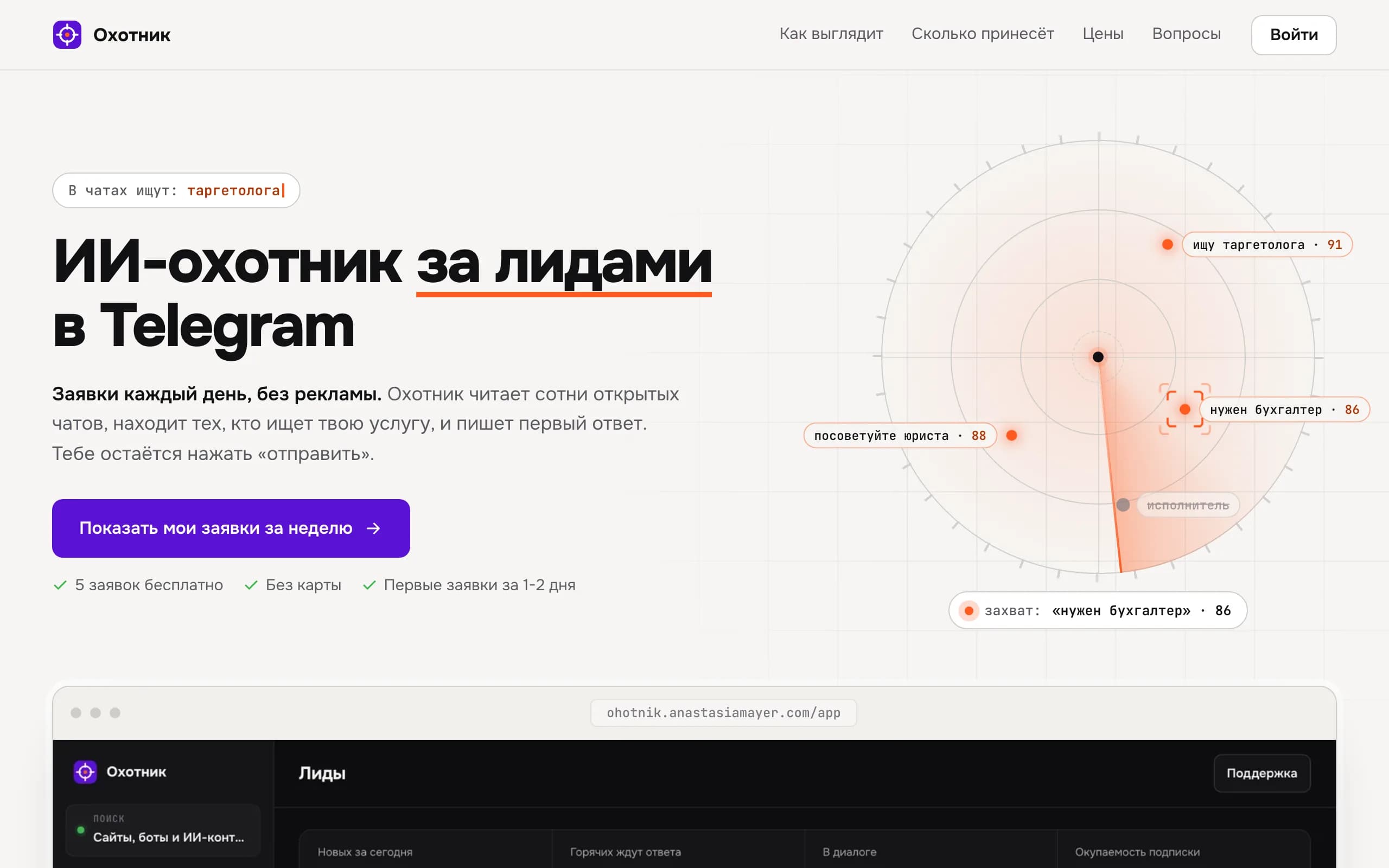 Первый экран ИИ-охотника за лидами: радар заявок в Telegram-чатах